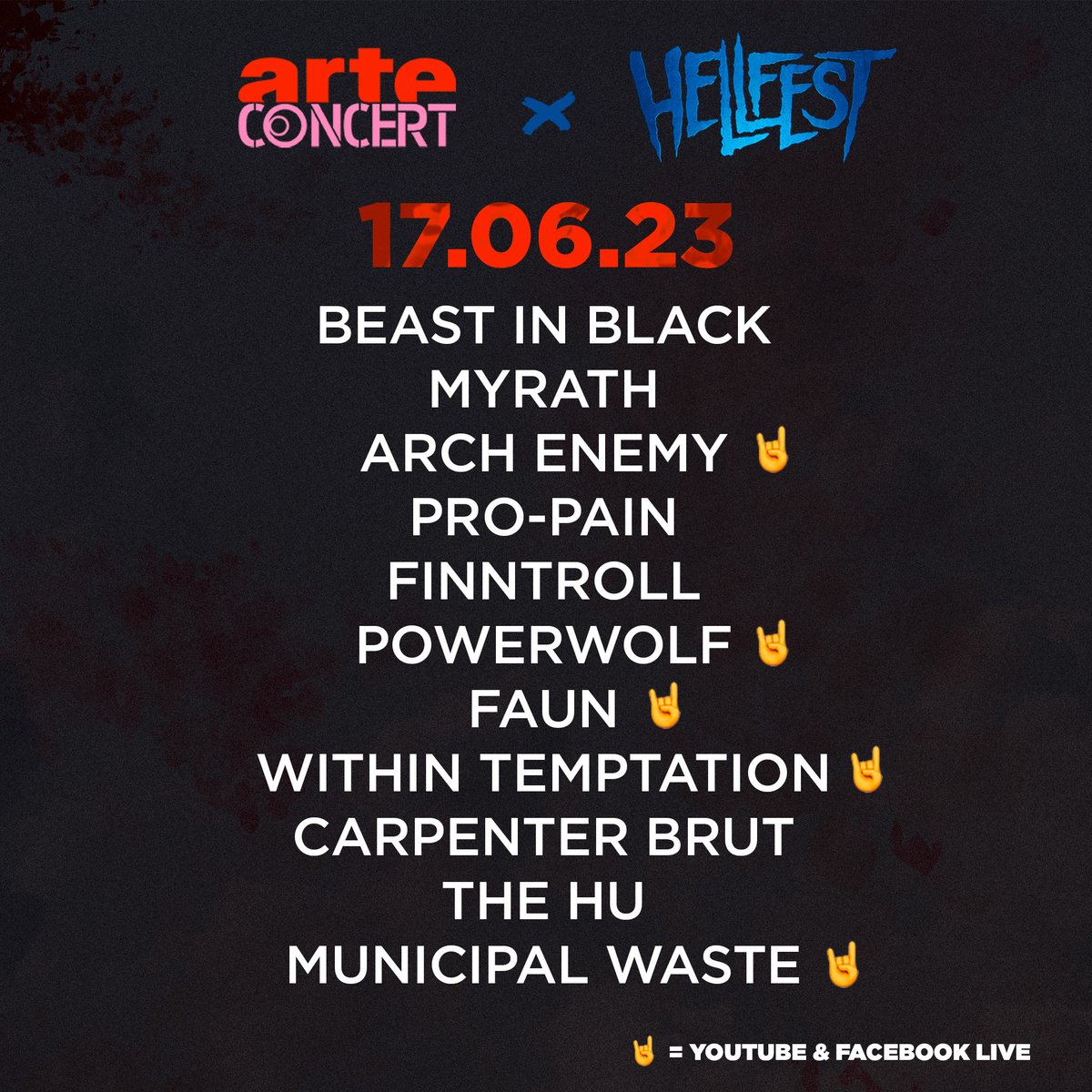 ARTEconcertFR's tweet image. Hell yeah! 🤘 Le programme de nos livestreams au @hellfestopenair Festival 2023 est là. 40 concerts en direct sur arteconcert.com, dont la moitié en Youtube et Facebook live. 

Et vous, qui avez-vous hâte de voir ?