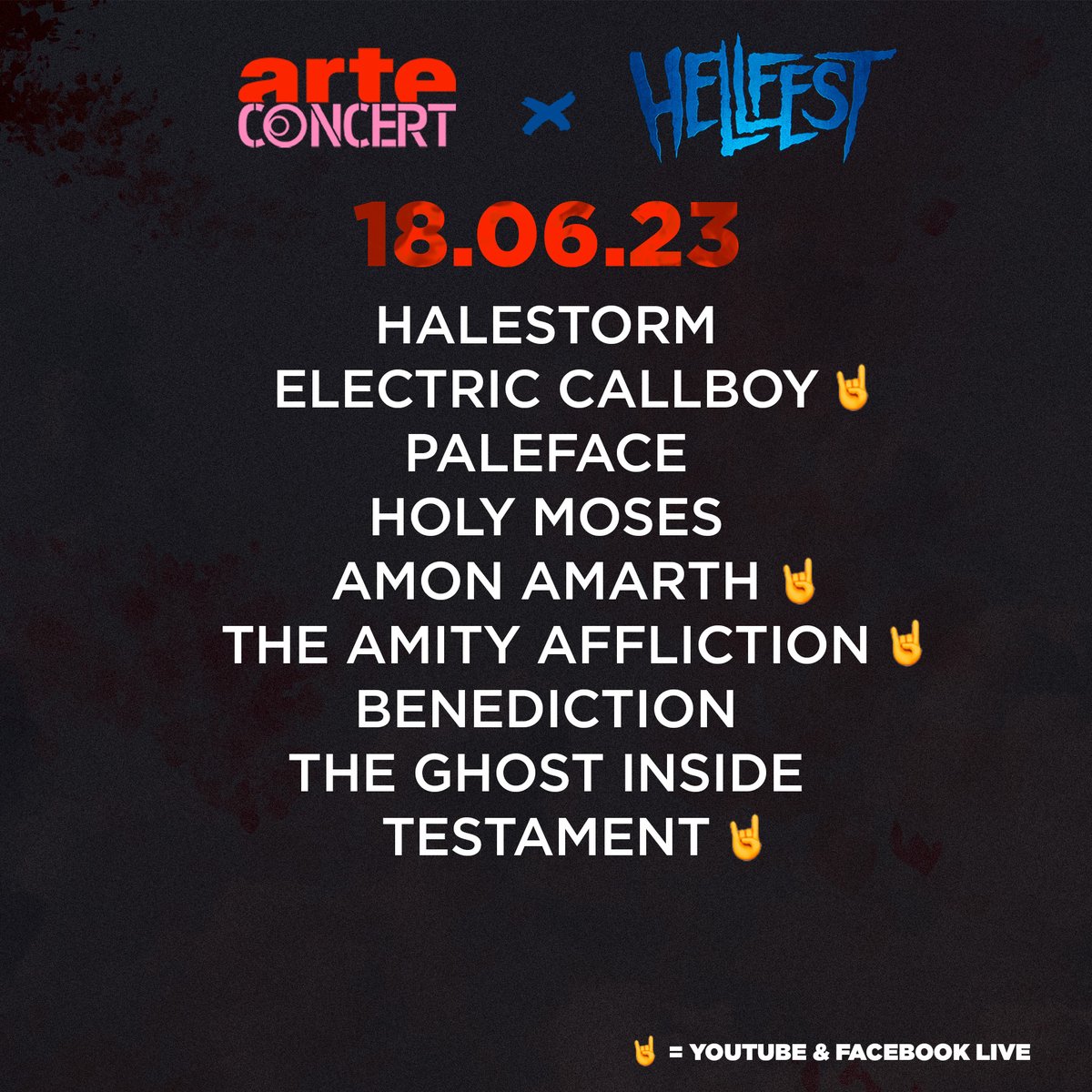 ARTEconcertFR's tweet image. Hell yeah! 🤘 Le programme de nos livestreams au @hellfestopenair Festival 2023 est là. 40 concerts en direct sur arteconcert.com, dont la moitié en Youtube et Facebook live. 

Et vous, qui avez-vous hâte de voir ?