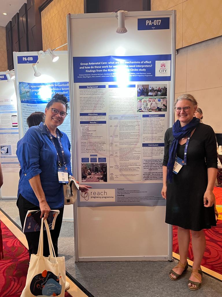 The wonderful Dr Jalana Lazar presenting @REACHpregnancy #PregnancyCircles poster at the ICM in Bali with co-author Penny Haora #ICM2023. Looking at the mechanisms of group care and how these may work for women who need interpreters. @GroupCare1000 @GroupCareGlobal @City_CMCHR