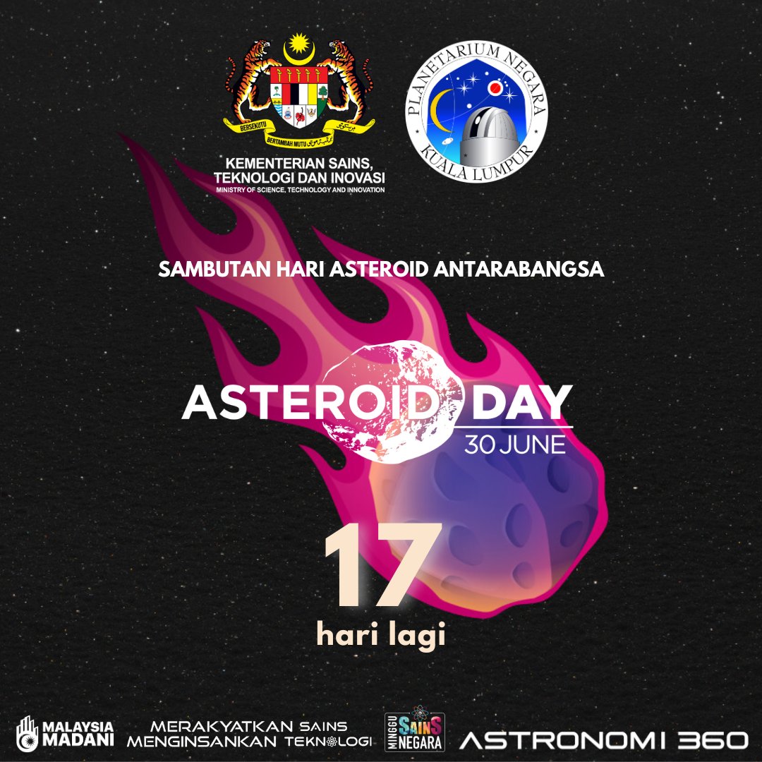 17 hari lagi menuju sambutan #HariAsteroidAntarabangsa #InternationalAsteroidDay 30 Jun 2023.

Laman sesawang: asteroidday.org

#InternationalAsteroidDay
#planetariumnegara #mosti
#astronomi360
#minggusainsnegara
#merakyatkansains #menginsankanteknologi
#MalaysiaMadani