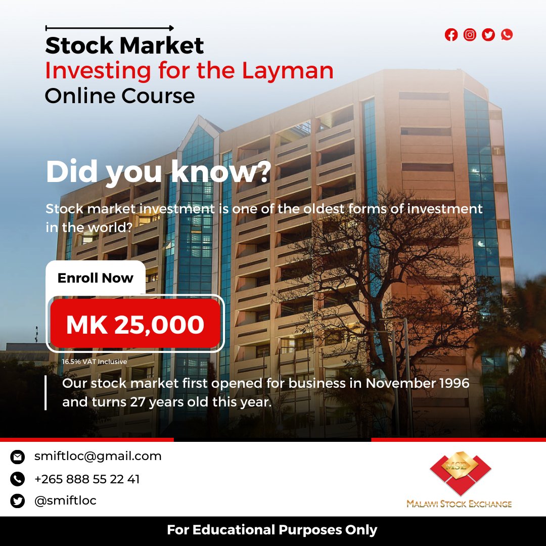 smiftloc's tweet photo. Did you know?
Stock market investment is one of the oldest forms of investment in the world.💸💰📈

Our stock market first opened for business in November 1996. It will be 27 years old this year.🔝

#malawistockexchange 
#mse
#stockmarketinvesting
#StockMarketEducation
#Blantyre https://t.co/eeMflqVoLN