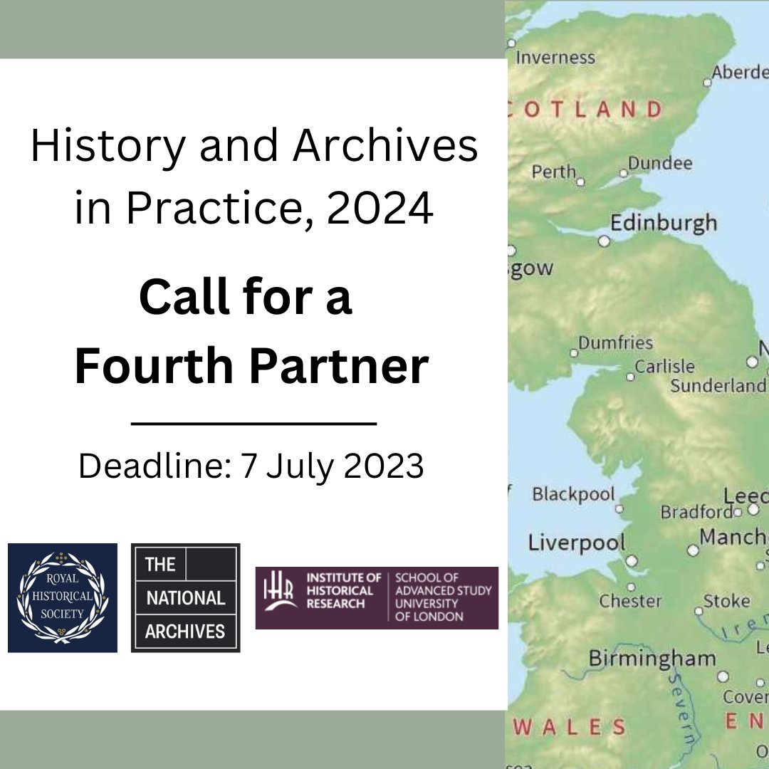 Together with <a href="/UkNatArchives/">The National Archives</a> &amp; <a href="/ihr_history/">Institute of Historical Research</a>, we are happy to announce the call for a fourth partner for History and Archives in Practice 2024. We're looking to take HAP across the country &amp; partner with archive centres large and small.
 
Deadline: 7 July

history.ac.uk/news/history-a…