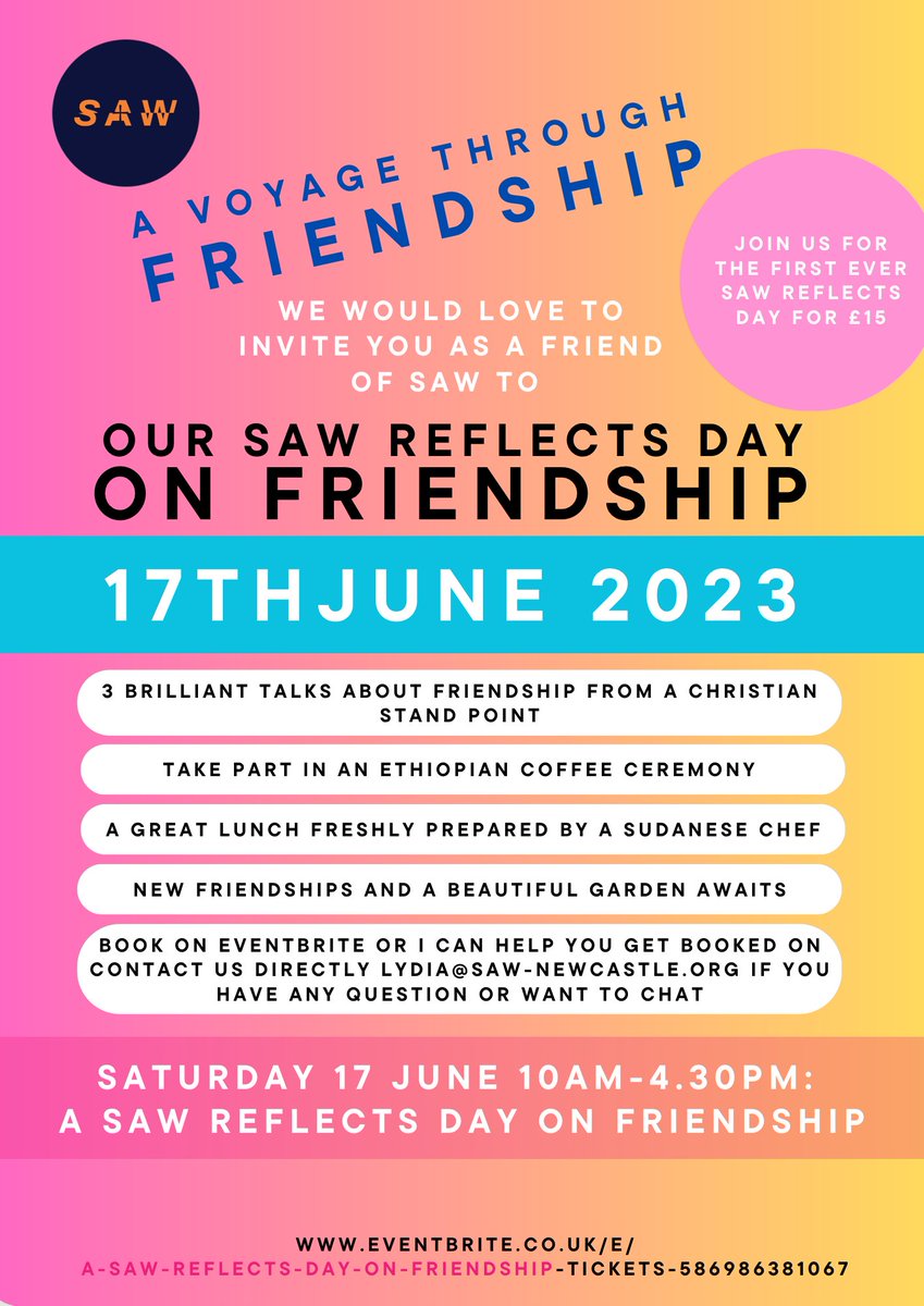 SAW Reflects Day on Friendship - 17 June UPDATE: We’ve extended the cut off for booking tickets - it’s now 2pm on Wed 14 June eventbrite.co.uk/e/a-saw-reflec… Join us for discussion, feasting & an opportunity to enjoy our beautiful garden @sputnikfaithart @morphe_arts @hannahcw127