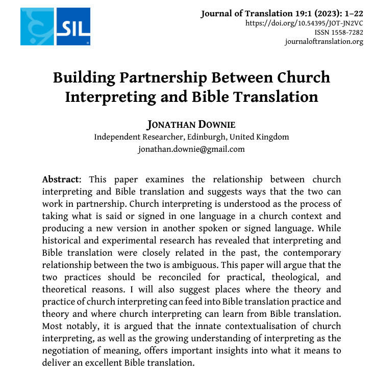 It is “important for #BibleTranslation and #ChurchInterpreting to function as two sides of the same linguistic, social, and theological coin. Viewing the two as complementary... opens up new avenues in research and practice[.]” @jonathanddownie
📄doi.org/kd4g