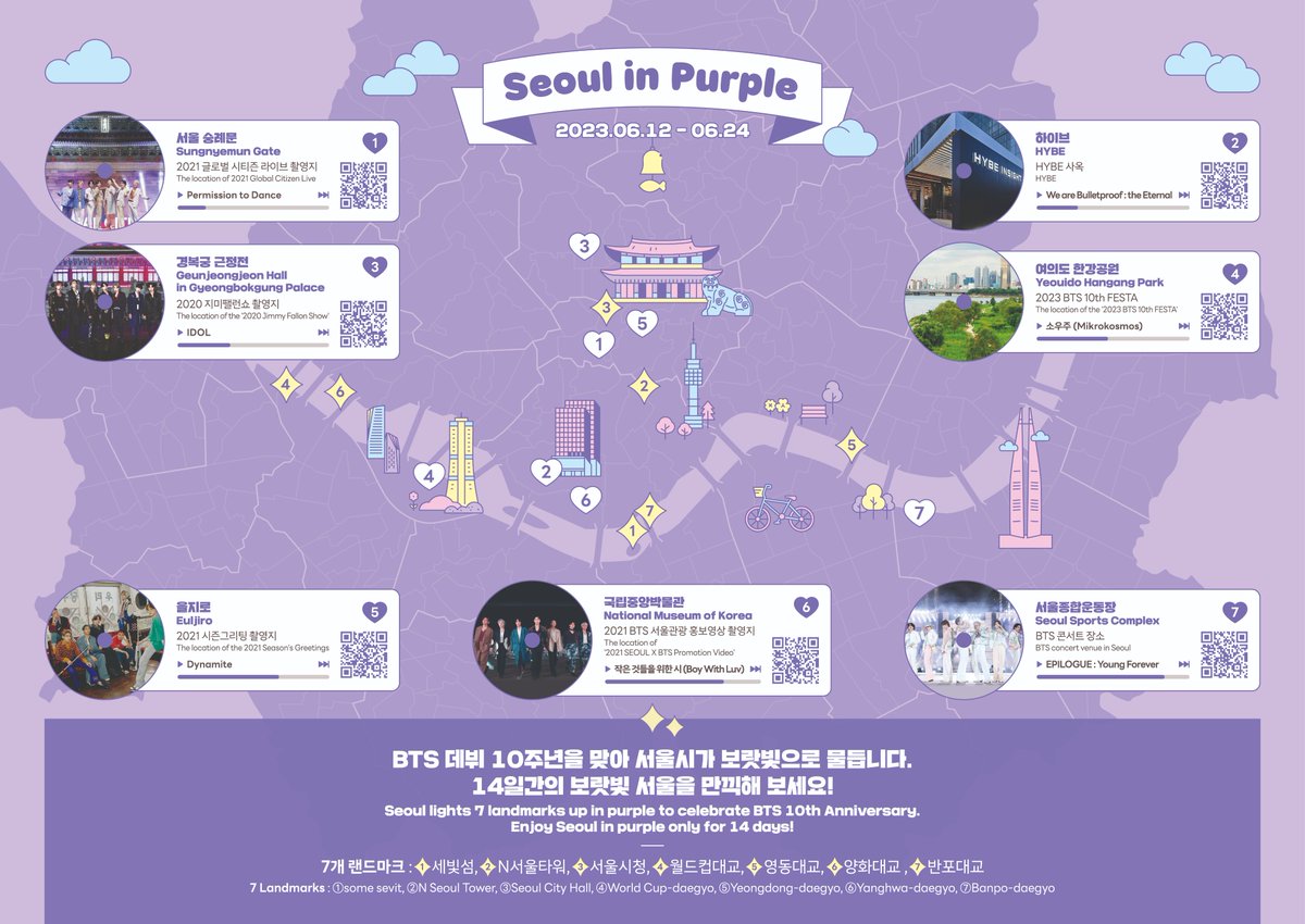seoulmania's tweet photo. 보랏빛 여행 떠날래? 💜2023 #BTS_FESTA��

📍6.17(토) #여의도한강공원
✅방탄소년단 관련 서울 명소 13개가 포함된 #서울방탄투어 지도, 서울 명소 카드 제공!
✅'오후 5시, 김남준입니다'(멤버 #RM 이 팬들과 소통하는 코너) 및 'BTS 10주년 기념 #불꽃쇼'(오후 8:30) 등 진행
@BTS_twt @bts_bighit https://t.co/uJEPkO4stK