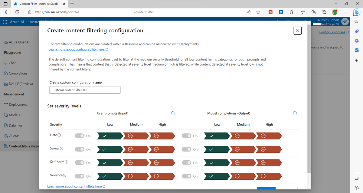 NicoRobPro's tweet image. New features available on #Azure #OpenAI service, available in the portal: quotas and custom content filtering setup #CognitiveServices