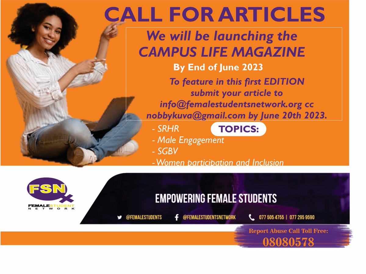 femalestudents's tweet photo. #smartgirls Pen down your lived realities on campus and let us disseminate them for you. Articles, Poems, Short essays are all welcome. #BeTheGameChanger @uzcelebs1 @pachikomo @Zinasuzim @SAYWHATOrg @YetTrust @bongekaaa_m @awdf01 @Afrikagrupperna @EverniceMunando @MwanasikanaW https://t.co/S87QTLkcDf