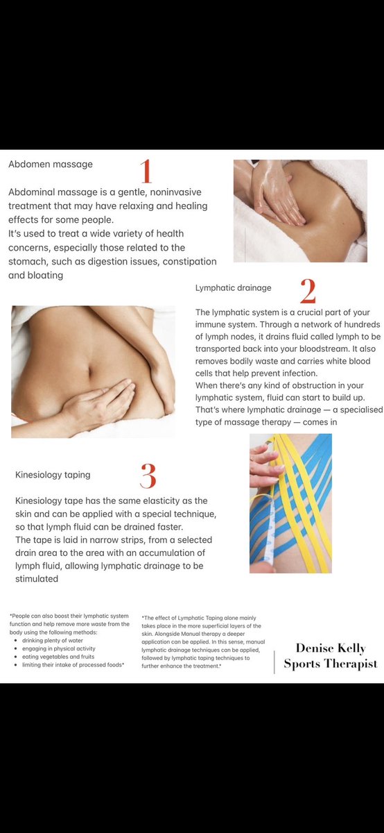 SPECIALISED TUMMY TREATMENT IN 3

1-Abdomen massage
2-Lymphatic drainage 
3-Kinesiology tape
 
1 hour 15 minutes package  £40