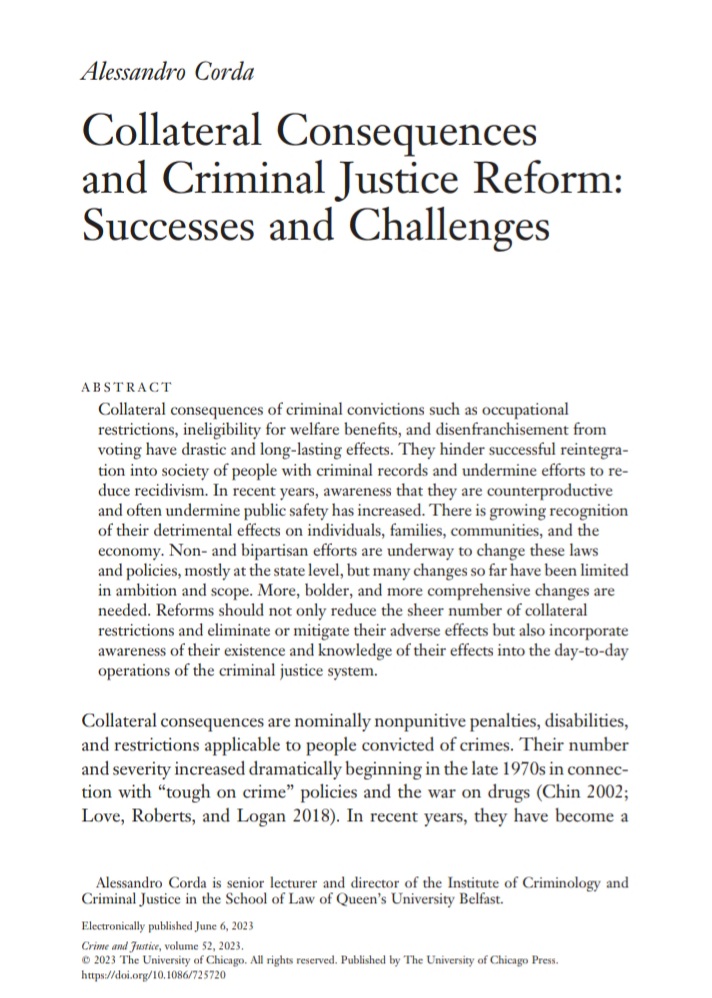 Dr. Alessandro Corda (@alegcorda) on Twitter photo 🚨 NEW PUBLICATION: Thrilled to have my new paper, "Collateral Consequences and Criminal Justice Reform: Successes and Challenges", out in Crime and Justice: A Review of Research <a href="/UChicagoPress/">UChicagoPress</a>. 1/4
journals.uchicago.edu/doi/10.1086/72…
<a href="/qubschooloflaw/">QUB School of Law</a> <a href="/QUB_ICCJ/">QUB Institute of Criminology and Criminal Justice</a> 🚨 NEW PUBLICATION: Thrilled to have my new paper, "Collateral Consequences and Criminal Justice Reform: Successes and Challenges", out in Crime and Justice: A Review of Research <a href="/UChicagoPress/">UChicagoPress</a>. 1/4
journals.uchicago.edu/doi/10.1086/72…
<a href="/qubschooloflaw/">QUB School of Law</a> <a href="/QUB_ICCJ/">QUB Institute of Criminology and Criminal Justice</a>