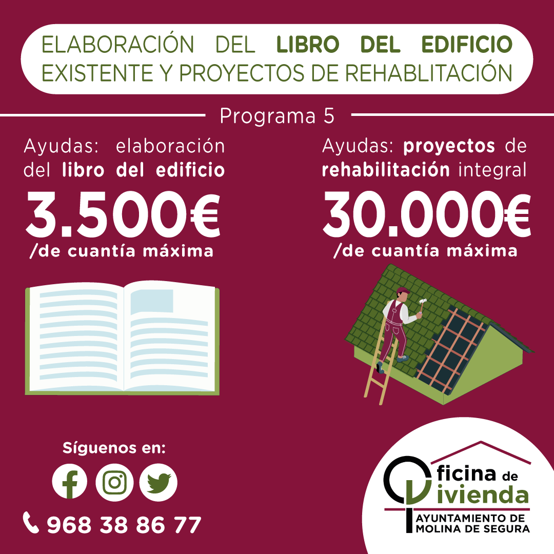 vivienda_molina's tweet photo. PROGRAMA 5: #Ayudas para la elaboración del #librodeledificio existente y proyectos de #rehabilitación en #molinadesegura . Plazo inicio: 07/06/2022. Fin: 31/07/2024.
📞 9683886 77
🌐 https://t.co/JWLgdOIcnG
✉ infovivienda@molinadesegura.es
#fondosnextgeneration #viviendamolina https://t.co/nOeAoMipdv