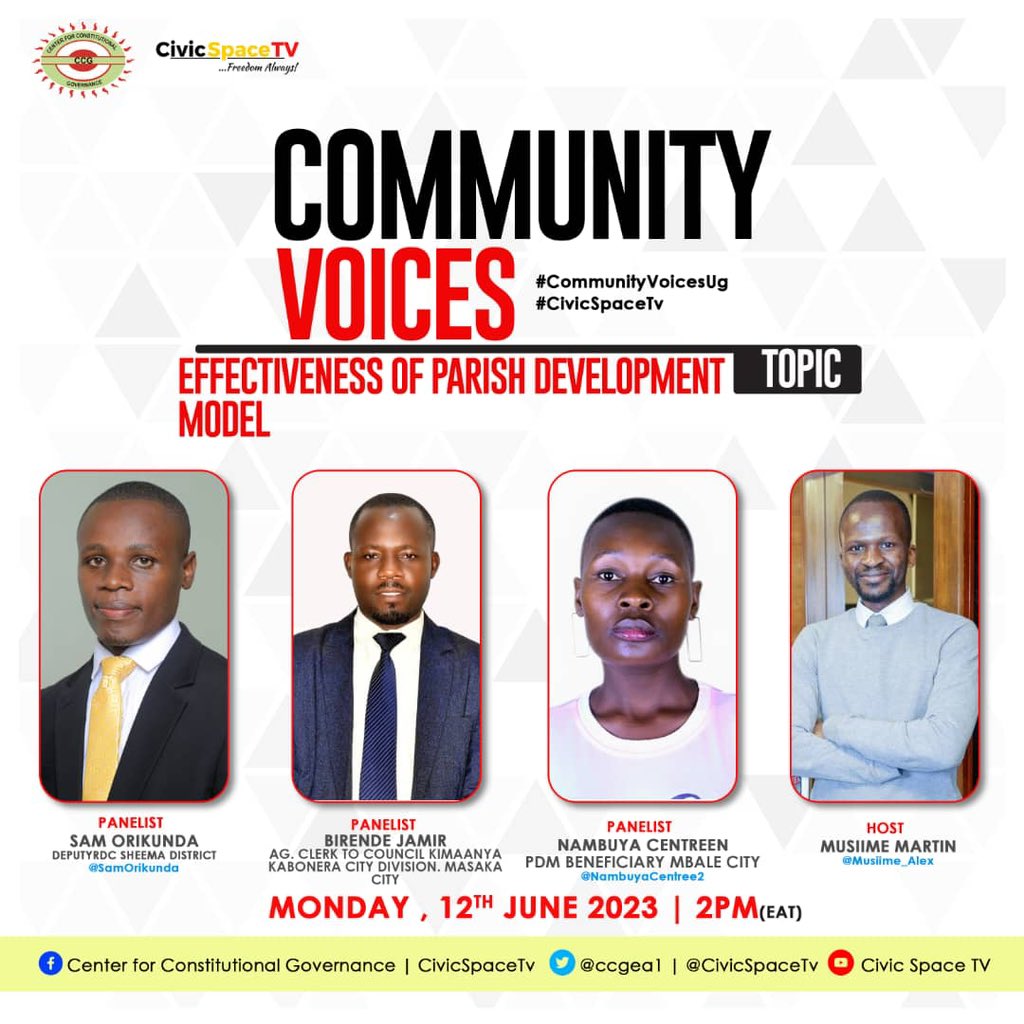 HAPPENING NOW: #CommunityVoicesUG | Effectiveness of Parish Development Model @musiime_alex hosting @NambuyaCentree2 , @SamOrikunda and Birenda Jamir. 
@CivicSpaceTV 
@ccgea1 

Link: youtu.be/2dk3KkxVKOw

#UgandaNGOsexhibition