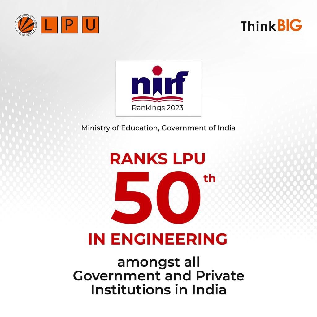 What a blockbuster performance by LPU in the prestigious NIRF Rankings 2023 announced by the Ministry of Education, Government of India! 👌

#NIRF #NIRF2023 #NIRFRankings #LPURankings #MinistryOfEducation #BestUniversity #TopUniversity #ProudVertos #HappyVertos #MondayMotivation