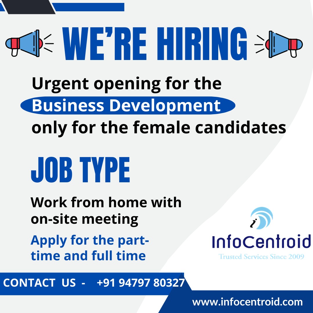 infocentroidss's tweet image. Urgent Requirements(We are Hiring )
Business Development Executive
👉Female candidates only 
👉Work from home/office/hybrid allow 
👉Part Time and Full Time both candidates are required. 
#hiring #femalehiring  #telecalling #job #freshersjob #fresher #businessdevelopmentexecutive