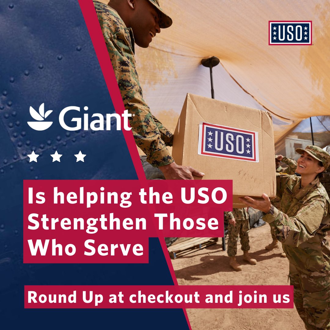 Through June 14th, @GiantFood shoppers can Round Up to the nearest whole dollar during checkout and #SupportOurTroops and their families By donating to @the_USO, you can ensure our #military stay connected to family, home, & country throughout their service to our nation