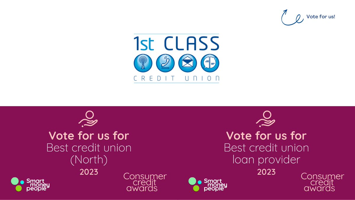 Calling all members of 1st Class CU📣

We need your votes! We've been nominated for best Credit Union in the North & best Credit Union loan provider in this years #ConsumerCreditAwards💫

If you'd like to support us by giving your vote you can do so here👇
smartmoneypeople.com/consumer-credi…