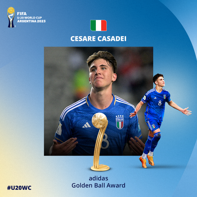 Cesare Casadei  🇮🇹  U20 Dünya Kupasında;

Altın Top 🟡 ve  Altın Ayakkabı 👟'nın sahibi oldu. 🌟

Kulüp: Chelsea FC U21
DT: 10 Oca 2003
Boy: 1,85 m
Mevki: Orta saha - Merkez orta saha
Ayak: Sağ ayak
Ülke: İtalya 🇮🇹

FIFA U-20 Dünya Kupası Arjantin 2023  🇦🇷

#Casadei
#U20WorldCup
