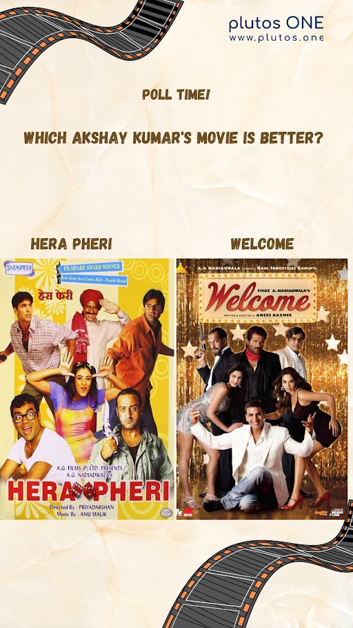 🌟Pick your favorite Akshay Kumar comedy: Hera Pheri or Welcome? Cast your vote now! 😂
Visit our website to play polls and win exciting vouchers. Link in bio!
.
.
#plutosone #akshaykumar #sunilshetty #pareshrawal #anilkapoor #herapheri #welcome #bollywood #poll #reel