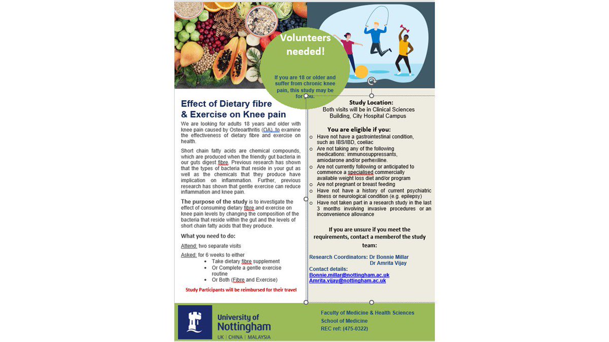 Knee Pain Study – Volunteers Wanted! The INSPIRE team needs volunteers to assist them in a study learning about the connections between diet, exercise, and knee pain. If you would like to help, please get in touch with them at msk-recruitment@nottingham.ac.uk or 0115 8231676.