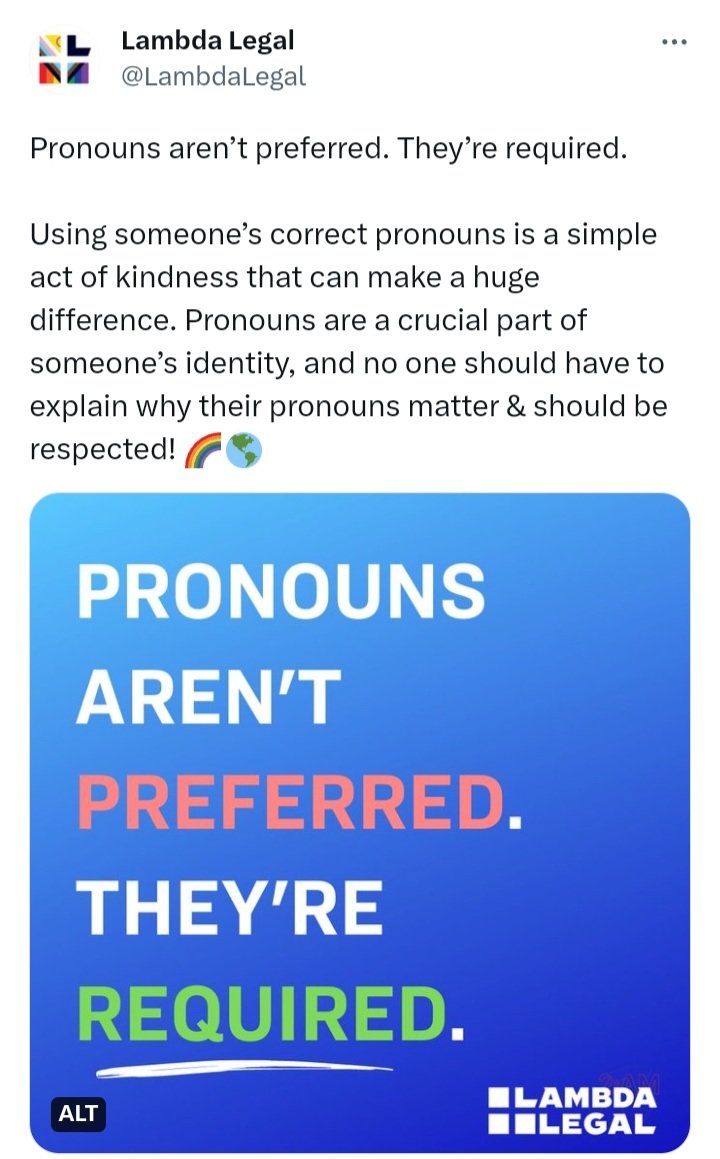 If pronouns are a 'crucial part' of someone's 'identity' their identity is made up nonsense. Pronouns aren't a crucial part of my identity. I'm a female. Nothing will change that. I can be referred to with whatever pronouns you can think of. I remain a female.