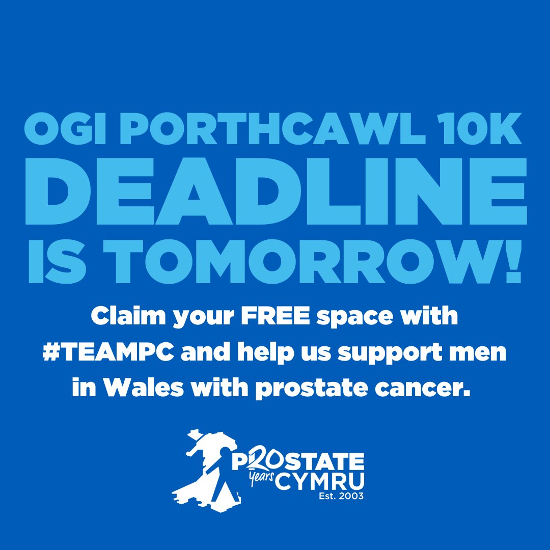 ProstateCymru's tweet photo. The deadline to sign up for @Porthcawl10K IS TOMORROW!🏃‍♀️

Join #TEAMPC and run for us on July 2nd to help us support men in Wales with prostate cancer.💙

Thank you to everyone who has already signed up; we can't wait to see you smash it!

Sign up⬇️
https://t.co/arevdGAR6b https://t.co/Nr3T1QodTY