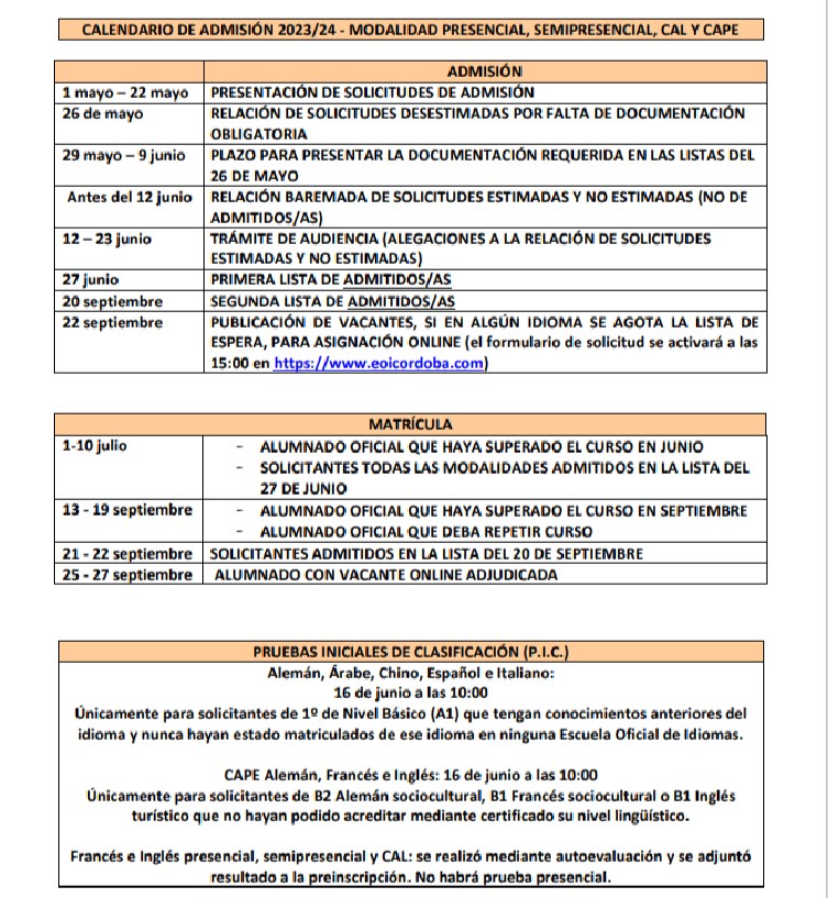 Con el calendario de admisión 23/24 de nuevo alumnado podéis informaros sobre fechas importantes, como la publicación de la primera lista de admitidos (27 de junio).