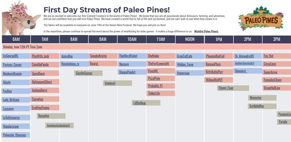 🚀Here's a selection of Content Creators showcasing Paleo Pines today!  🤯

drive.google.com/file/d/1O6bqn9…

If you're not on the schedule, feel free to tag us in your stream so we can share it!  📢
Please use the #PlayPaleoPines and <a href="/PaleoPines/">Paleo Pines 🦖</a>. 

Enjoy the streams today everyone! 💖