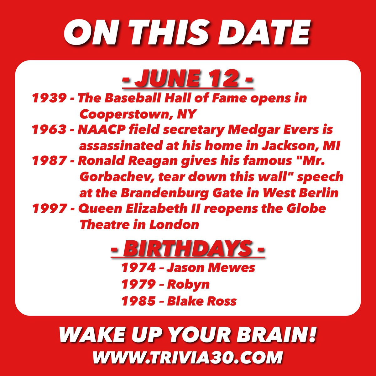 Your 6/12 OTD trivia. Join us tonight for BINGO at Dick's Wings Mayport or TRIVIA at The Brew Shed, and have a great day! #TRIVIA30 #WakeUpYourBrain #BaseballHallOfFame #Cooperstown #NAACP #MedgarEvers #RonaldReagan #BerlinWall #QEII #London #JasonMewes #Robyn #BlakeRoss #firefox