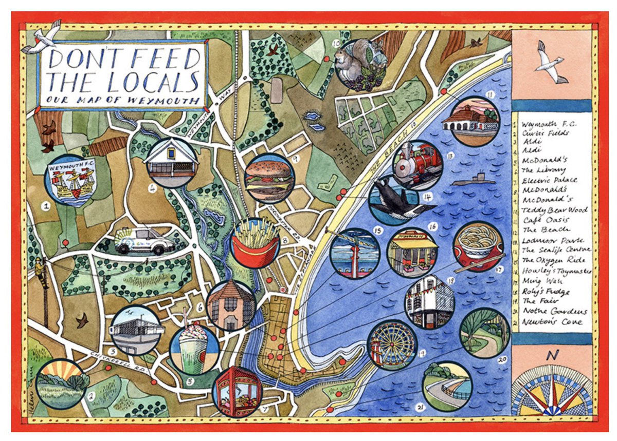 Maps are always curated by the mapmaker or her clients. See what the kids of Budmouth Academy thought was important to include about their town. 
helencannillustration.wordpress.com/2023/06/08/com…
#maps #weymouth #illustration