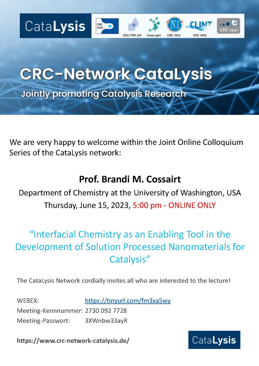 Join us for the next CataLysis – Joint Online Colloquium: We warmly welcome @brandicossairt on June 15 at 5pm, followed by “Women in CataLysis Coffee Round” at 6pm, external booking here: bit.ly/3CsZrY0
#crc1333 #sfb1333 #catalysis #WomenInSTEM