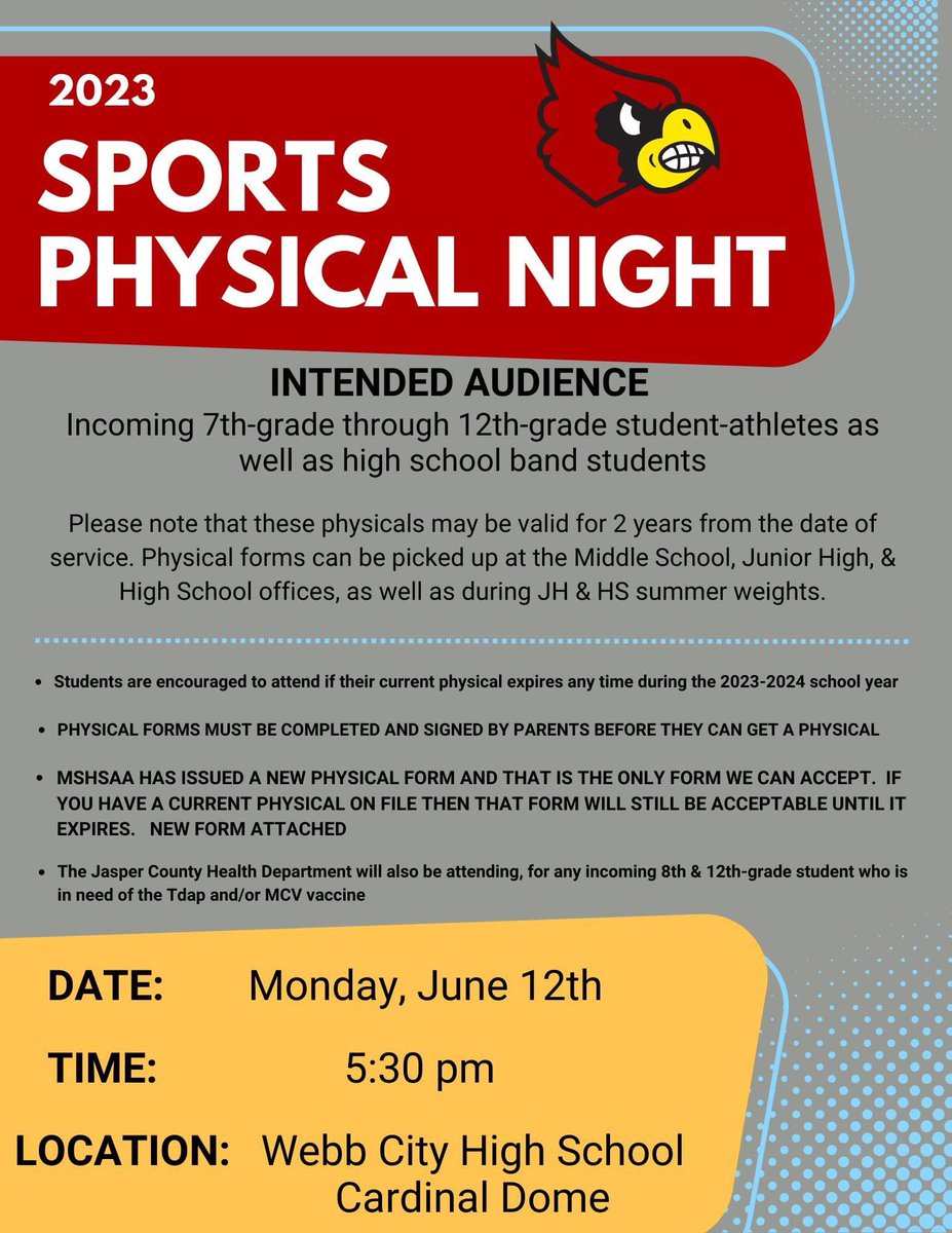 wcjuniorhigh's tweet photo. Tonight! Freeman Orthopaedics &amp; Sports Medicine will be providing physicals for student-athletes and band students of WC Junior and Senior High Schools, at NO CHARGE. 

MSHSAA Physical Form Link:
https://t.co/0Wfzk5iitP

Jasper County Health Dept. Form
https://t.co/57D2nJra7q https://t.co/eZYmSIrlpp