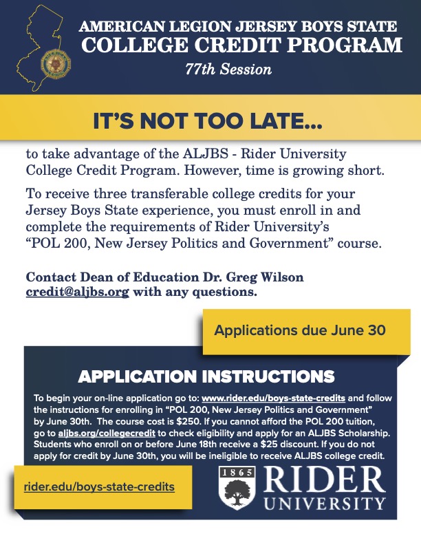Did you know that you can receive college credit for attending ALJBS? 

Rider University awards 3 transferrable college credits to statesmen who complete the week!

To get yours, apply today - see the flyer for all of the information you need.