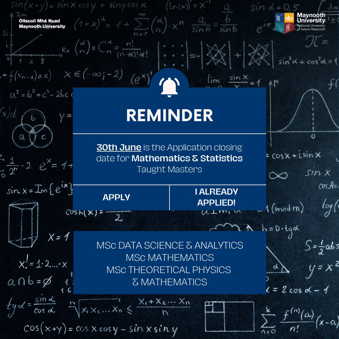 Maynooth University Graduate Studies (@mu_postgrad) on Twitter photo Time is running out! Don't miss your chance to unlock the fascinating world of Mathematics and Statistics. Apply now for our Taught Masters program in Mathematics & Statistics at <a href="/MaynoothUni/">Maynooth University</a>
before the closing date on June 30th. 🔗bit.ly/3P8n3sG Time is running out! Don't miss your chance to unlock the fascinating world of Mathematics and Statistics. Apply now for our Taught Masters program in Mathematics & Statistics at <a href="/MaynoothUni/">Maynooth University</a>
before the closing date on June 30th. 🔗bit.ly/3P8n3sG