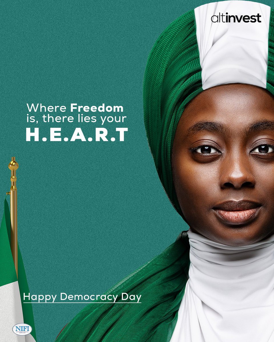 AltInvestng's tweet photo. On this day, we join forces with every Nigerian to celebrate freedom and our rights as a people to have a voice. Together, we can build a more equitable future!
Happy Democracy Day! 🇳🇬🇳🇬
#InvestmentEquality #LevelThePlayingField #Altinvest #democracyday https://t.co/uhFSpRBfft