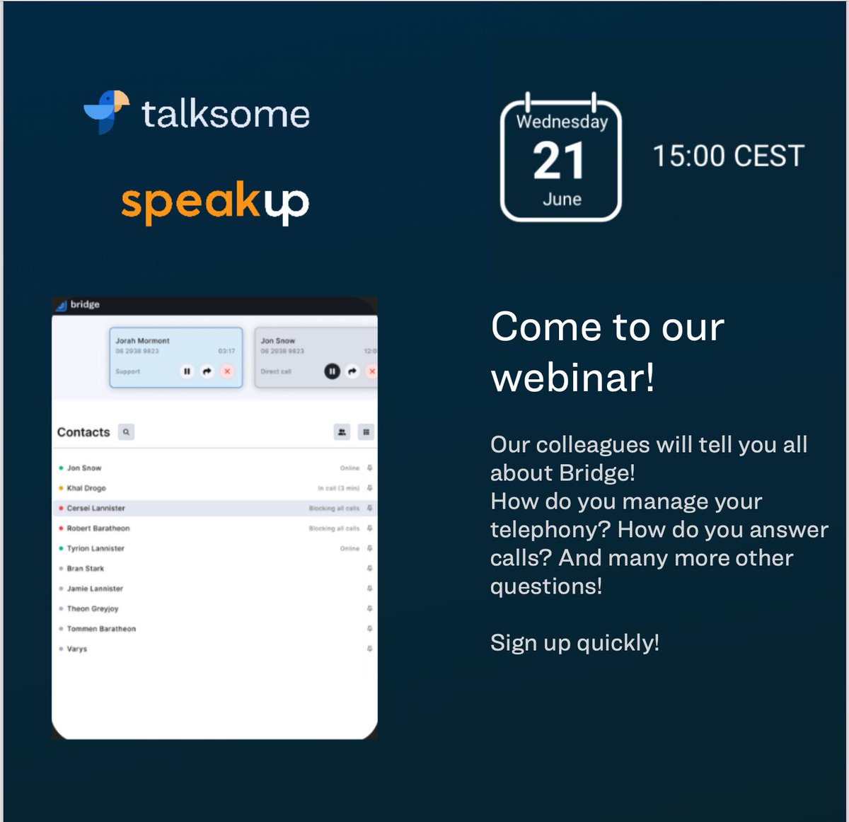 🌟 [Webinar Alert] Compass Bridge: Introducing Customer Service Excellence! 🚀
🔗 Register Now: [lnkd.in/d_VhunXE]

Join us for an exclusive webinar, where you can learn everything about Compass Bridge, our contact center app! 

🗓️Date: [21st of June]
⏰ Time: [15:00] CEST