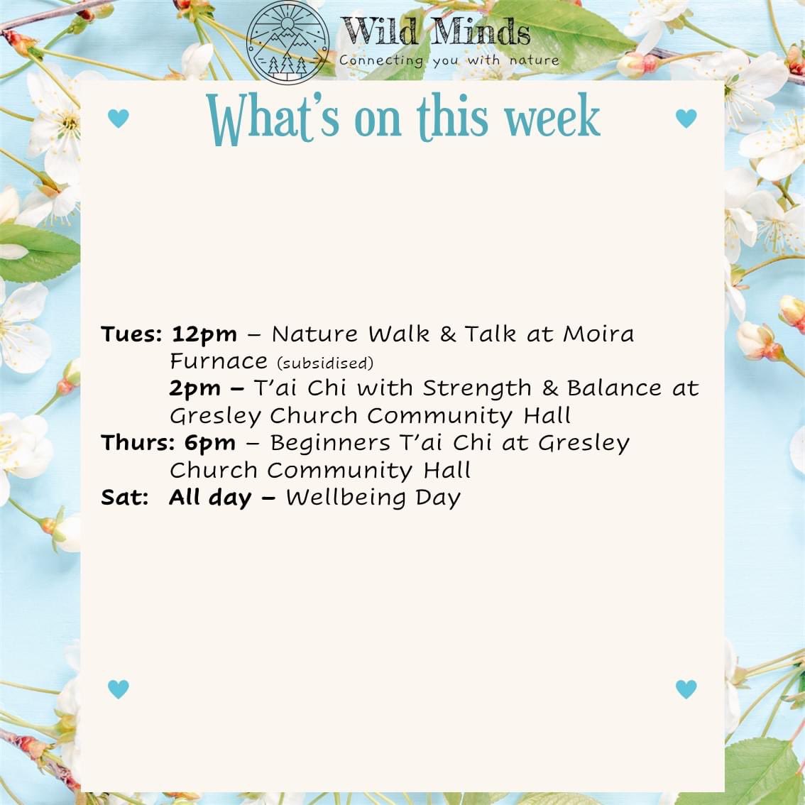 See what’s on this week with our friends at Wild Minds Nature Connection CIC 👇🏼🌳🚶‍♀️☯️ & this Saturday they have their annual Wellbeing Day on 17th June 🤗 check thier fb page or wildmindsnature.co.uk

#wildminds #connection #naturewalk #taichi #wellbeingday2023