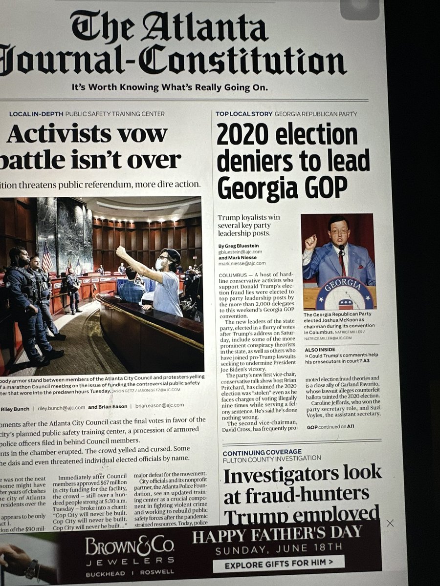 JoshMcKoon's tweet photo. Just a reminder of why public trust in journalism is at an all time low.  This headline is placed right next to a photo of me, yet when you read the article it is discussing people elected to other offices by delegates at our convention.

Here is what they said about me:

“The new party chair, former state Sen. Josh McKoon, didn’t make the issue a key part of his campaign. But he spoke last week in favor of tapping a Republican activist who has challenged the registrations of nearly 10,000 people to the elections board in heavily-Democratic Fulton County.”

So wanting to have accurate voter rolls makes me “an election denier”?  Or asking that the Fulton Board of Commissioners follow their own ordinance and appoint the duly nominated Republicans to their Elections Board?  It makes you want to find the dictionary these guys use to define that term. 

To my knowledge, the AJC/Legacy Media use of the term “Election Denier” has never been applied to Stacey Abrams who never conceded the 2018 election to Governor Kemp and who spent years litigating that election in court only to have her case dismissed.

They also never called Hillary Clinton an “Election Denier” despite her totally unfounded and debunked claims that the Russian government got Donald Trump elected in 2016 that she repeated for years until the fact that her campaign financed that smear and that lies were told to the FISA Court to authorize wiretapping the Trump administration came to light.

So just realize “Election Denier” is how the AJC defines any Republican who says the 2020 election, by any fair assessment unprecedented in Georgia electoral history for the never before deployed election measures, and characterized by the effective end of absentee ballot signature verification in an election with the most absentee ballots cast in Georgia history, had problems. 

Now how about this nugget from the story?

“The evidence leaves no doubt about Biden’s victory. Three separate tallies of the roughly 5 million ballots upheld Biden’s narrow victory in Georgia, legal challenges by Trump allies have been tossed, Republican election officials have vouched for the results and an audit of absentee ballot signatures in Cobb County found no cases of fraud.”

Now if you count the same votes, hopefully you will get the same results. The election contest filed by President Trump was never heard by a judge, even though Georgia law requires a hearing within 20 days.  A hearing was finally set for January 8, 2021 which was moot since that was after final certification of electoral college results by Congress. 

So while it is technically true to say the contest was dismissed, the merits of the allegations leveled about voters casting ballots who no longer lived in Georgia, or deceased voters, or votes cast by persons who should have been ineligible due to criminal records were never heard or considered by Georgia courts or elections officials. 

That is to say the contest did not hinge on incorrect counting but rather alleged votes were included in those multiple tallies that never should have been allowed to be cast in the first place. 

Georgia has 159 counties. Over 1.3 million absentee ballots were cast in the 2020 election in Georgia. Let’s assume the audit undertaken in Cobb was accurate, complete, and found no irregularities. That does not tell us anything about the absentee votes cast in the other 158 counties.  

So just realize these headlines are written to try to prevent Republicans from being taken seriously by smart people who understand they are deceiving you. 

But this demonstrates why we must have our own robust communications capacity to get the truth out because we cannot expect anything approaching a fair shake from the legacy media anymore. A sad reality in 2023 America but a reality nonetheless. #gapol #gagop