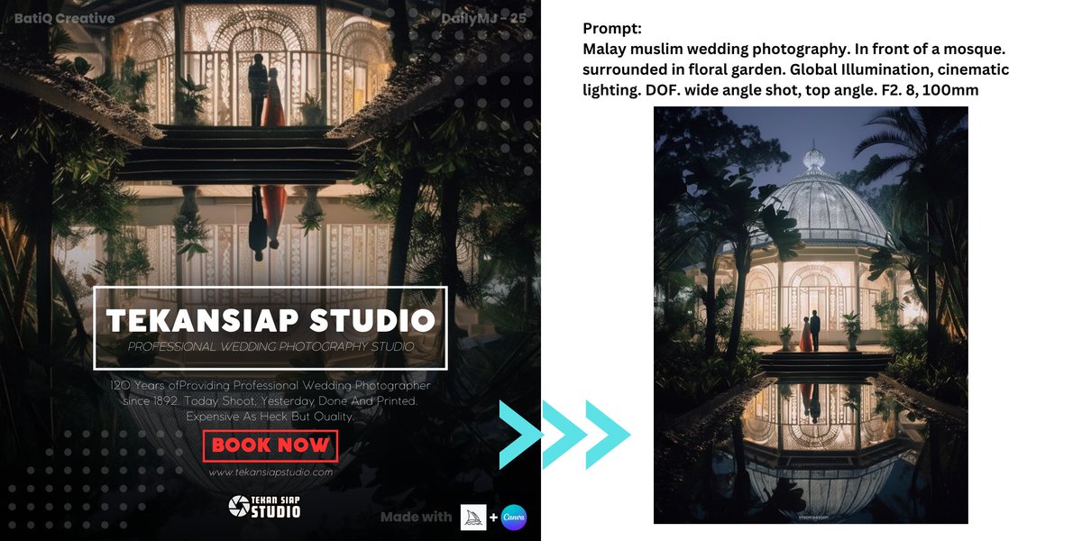 creative_batik's tweet photo. Post 25: Wedding Photography Poster Ads.

Idea sumbangan @dekaryastudio 

Nak kahwin? Tahniah. Lagi? Amboi. Tahniah juga. Studio ni kerja hari ni tekan-tekan semalam dah siap.  
#MidjourneyAI #AI #graphicdesigner #dailyMJ #canva #dailychallenge https://t.co/hYFtzdkNJj