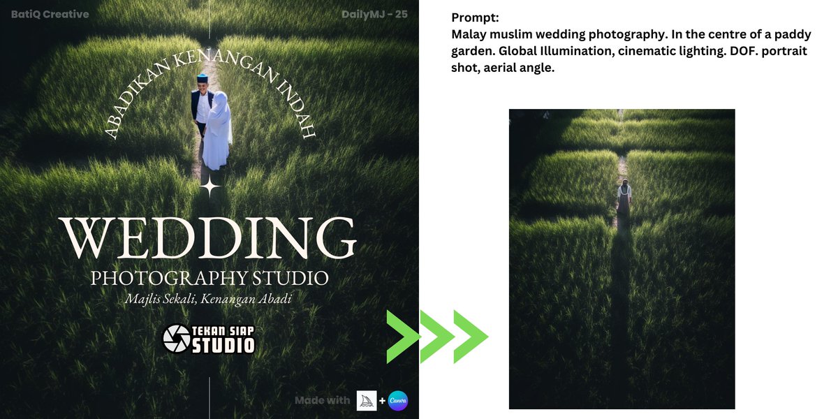 creative_batik's tweet photo. Post 25: Wedding Photography Poster Ads.

Idea sumbangan @dekaryastudio 

Nak kahwin? Tahniah. Lagi? Amboi. Tahniah juga. Studio ni kerja hari ni tekan-tekan semalam dah siap.  
#MidjourneyAI #AI #graphicdesigner #dailyMJ #canva #dailychallenge https://t.co/hYFtzdkNJj