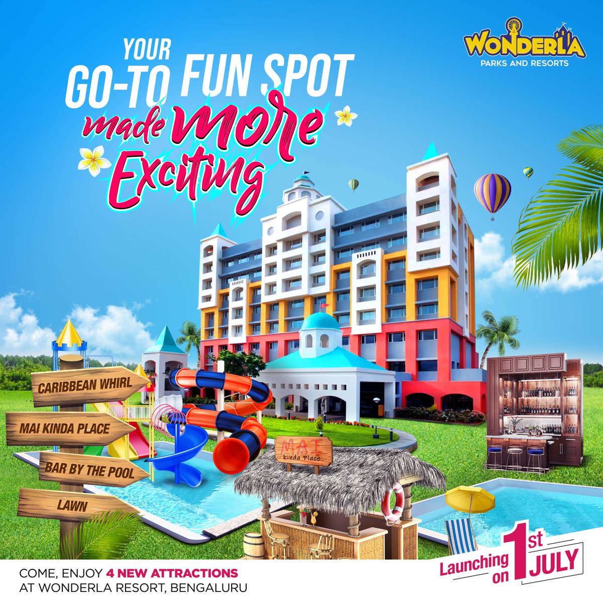 Wonder_La's tweet photo. The wait is over!🤩#WonderlaResort, #Bengaluru is thrilled to unveil FOUR tropical wonders that will take your holiday experience to the next level. Get ready to be awestruck as you immerse yourself in the excitement firsthand on 1st July at the grand launch.🥳
#Wonderla https://t.co/ASdwqmbV3q