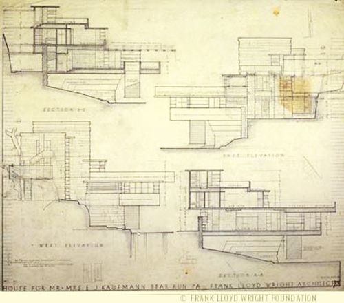 Plano original de la Casa de la Cascada.
Frank Lloyd Wright.