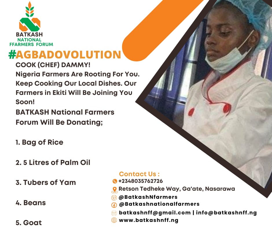 #Agbadovolution Renewed her hope of breaking the Cook-A-Thon Record.
BATKASH National Farmers Forum Will Be Donating;
1. Bag of Rice.
2. 5 Litres of Palm Oil.
3. Tubers of Yam.
4. Beans 
5. Goat.
Dammy Omo Ekiti Kete, Ko Ní Rè è
@BatKashNFarmers
#120hourscookathon
#ChefDammy