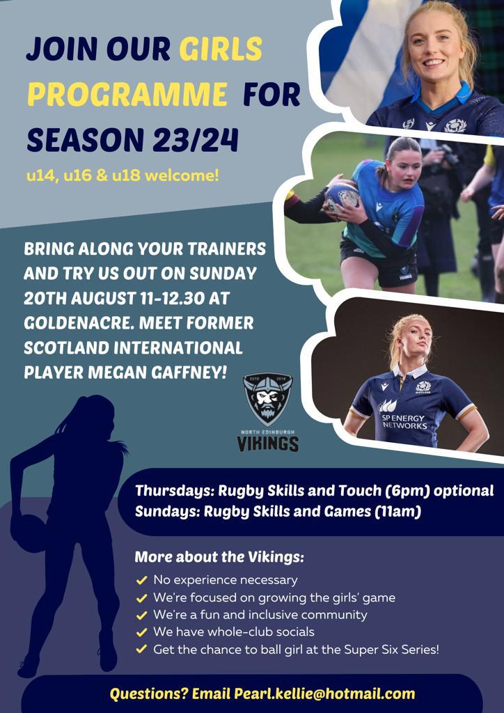 🔹𝙉𝙊𝙍𝙏𝙃 𝙀𝘿𝙄𝙉𝘽𝙐𝙍𝙂𝙃 𝙑𝙄𝙆𝙄𝙉𝙂𝙎 | 𝙂𝙄𝙍𝙇𝙎 𝙋𝙍𝙊𝙂𝙍𝘼𝙈𝙈𝙀🔹 Give rugby a go with @north_edinburgh and meet former Scottish Rugby International @MeganGaffney7 ! 🏴󠁧󠁢󠁳󠁣󠁴󠁿 For more info, contact Pearl Kellie on Pearl.kellie@hotmail.com 🏉 ⬇️⬇️⬇️⬇️⬇️