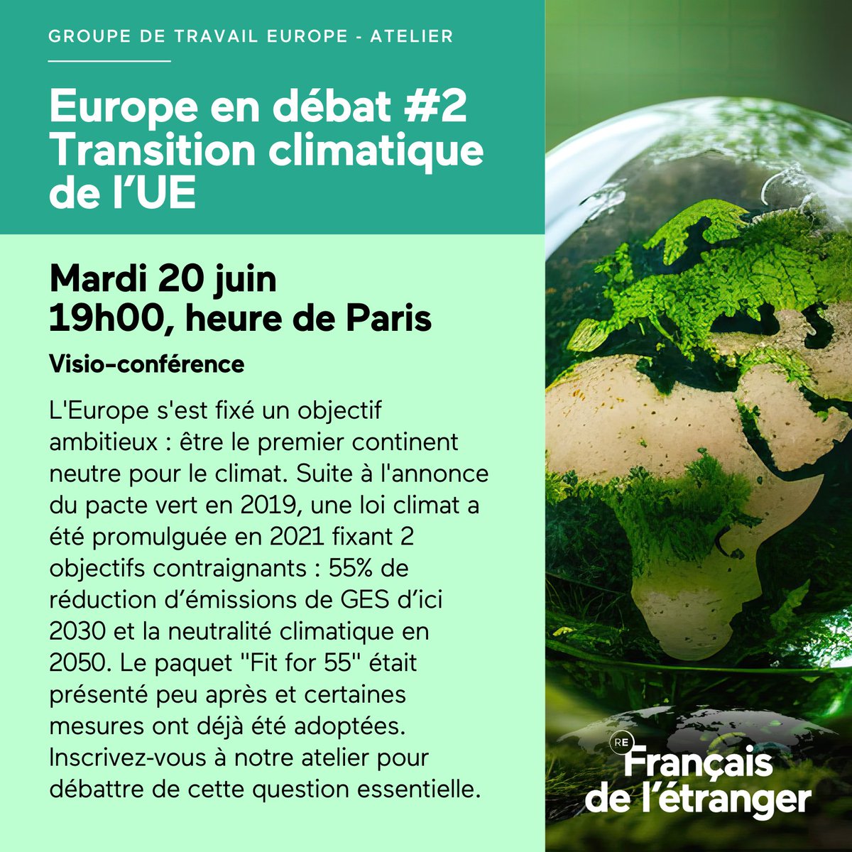 La Fédération des Français de l'étranger de Renaissance organise un Atelier-débat en visio-conférence sur le sujet de la Transition climatique de l'Union européenne, le mardi 20 juin, à 19h00, heure de Paris. Pour y participer, rejoignez Renaissance 📷 parti-renaissance.fr/adherer