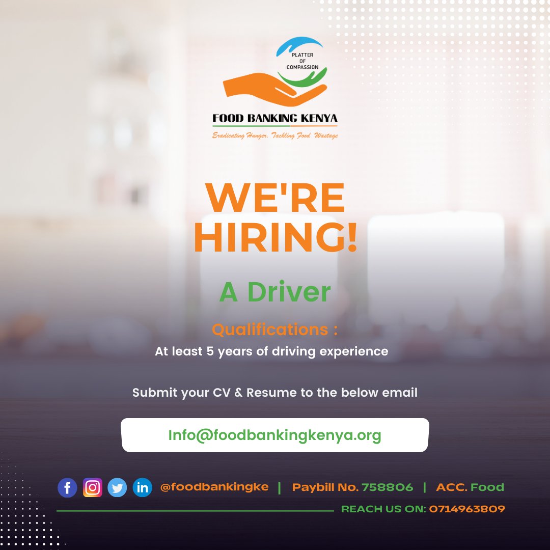 🚗🌟 Calling all Experienced Drivers! 🌟🚗
📣 We're Hiring! 📣 We are searching for a skilled driver with a minimum of 5 years of driving experience! 🚦📆 If you're passionate about hitting the road and meeting the following requirements, we want YOU: info@foodbankingkenya.org 📩