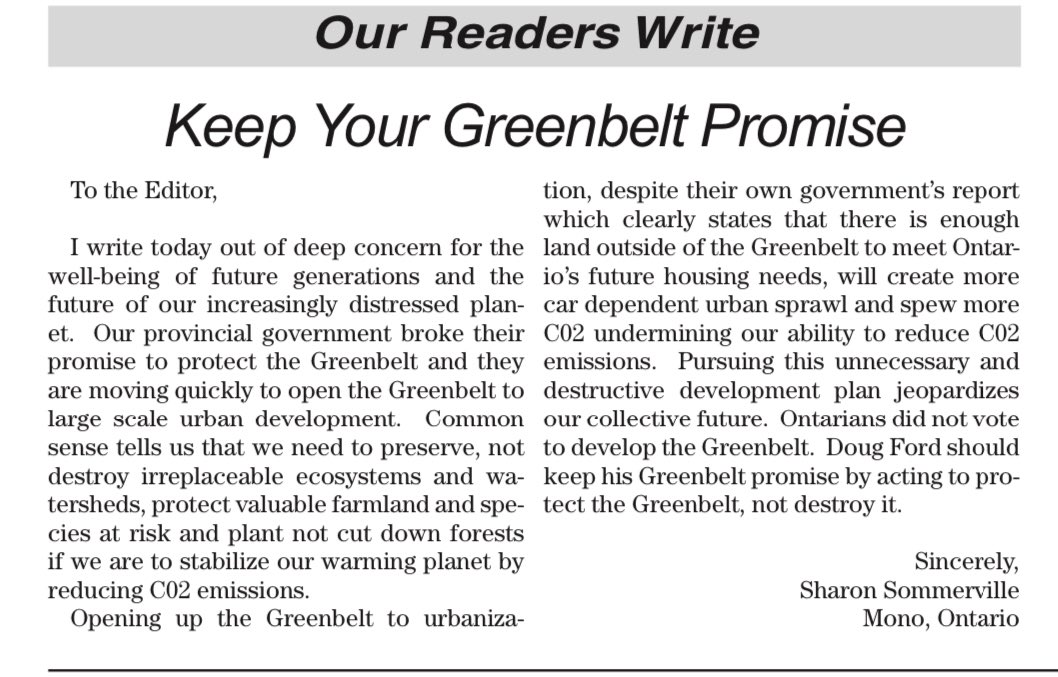 Great letter from friends in  #Caledon  
Write your MPP: ola.org

#HandsOffTheGreenbelt
