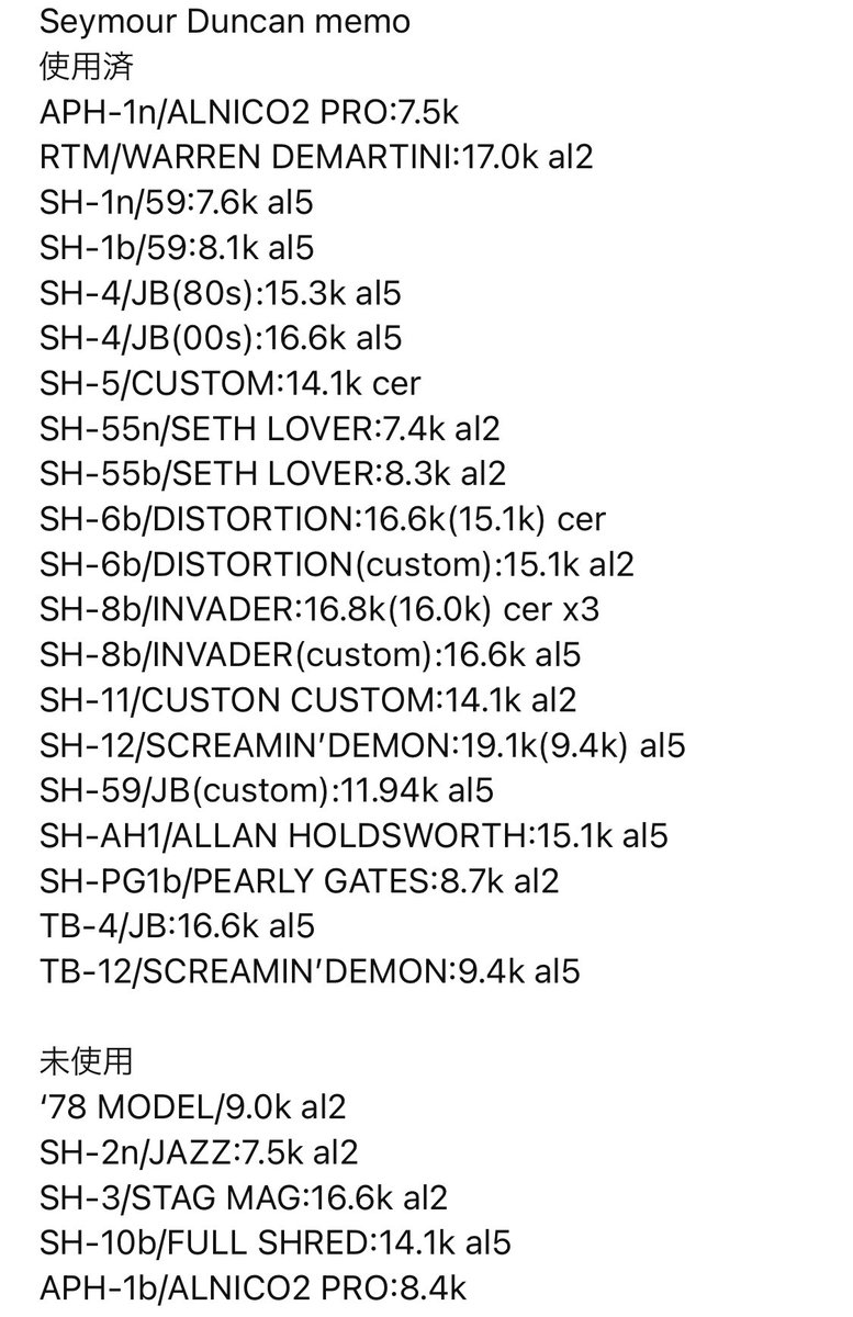 SEYMOUR DUNCANのお気に入りベスト10

1. SH-AH1
2.59/JB(custom)
3.SH-4
4.SH-PG1b
5.SH-11
6.SH-6(ALNICO2)
7.SH-6
8.SH-8(ALNICO5)
9.SH-55
10.SH-12