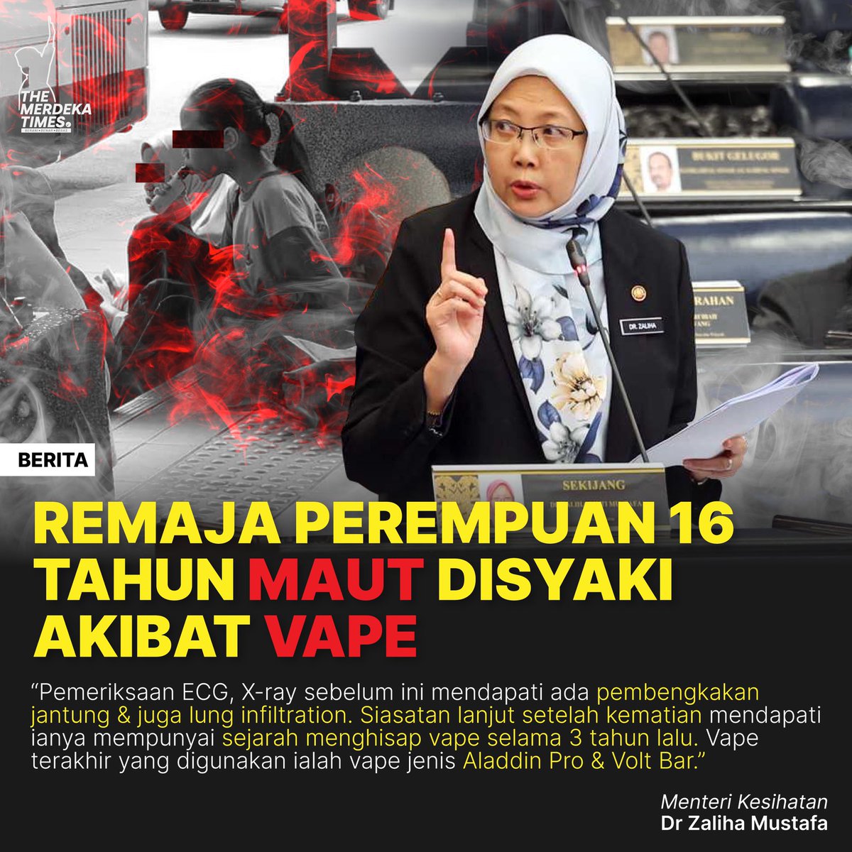 TheMerdekaTimes's tweet photo. Malaysia catat kes kematian pertama disyaki akibat vape?

#remaja #perempuan #vape #maut #malaysia #kkm #themerdekatimes https://t.co/AWXQ3VsKQL