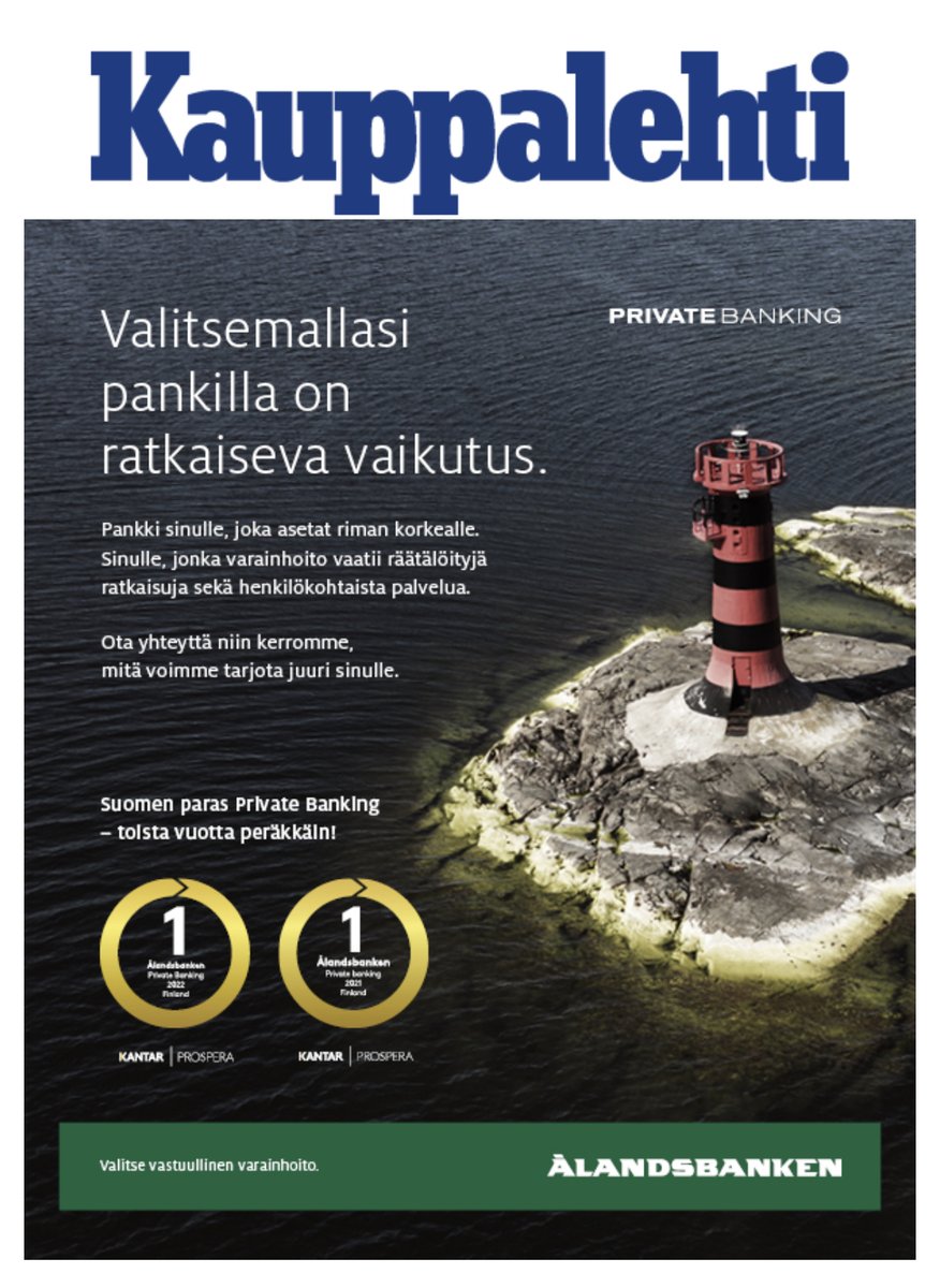 Tervetuloa pankkiin, joka pitää huolta sinusta ja ympäristöstä 💚🌎 

Varallisuuden hoitaminen parhaalla mahdollisella tavalla vaatii kokonaisvaltaista näkemystä. Sen mahdollistaa pitkäaikaiset asiakassuhteet, jotka ovat <a href="/alandsbanken/">Ålandsbanken</a>'in toiminnan ydin. alandsbanken.fi/banking