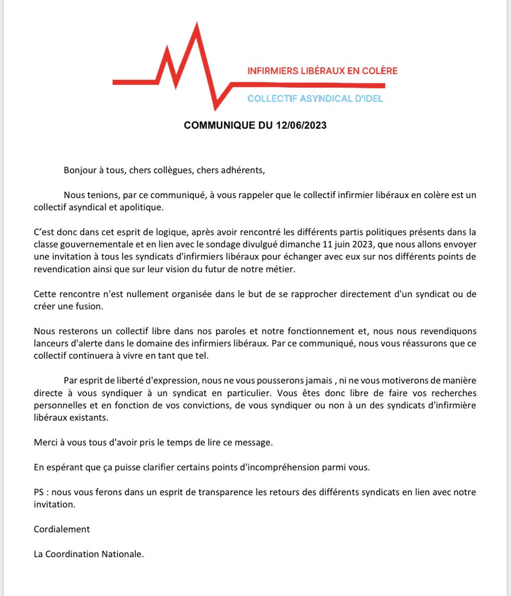Le dernier communiqué du collectif #Infirmiersliberauxencolere daté du 12 juin 2023.

Si vous souhaitez adhérer :
helloasso.com/associations/i…