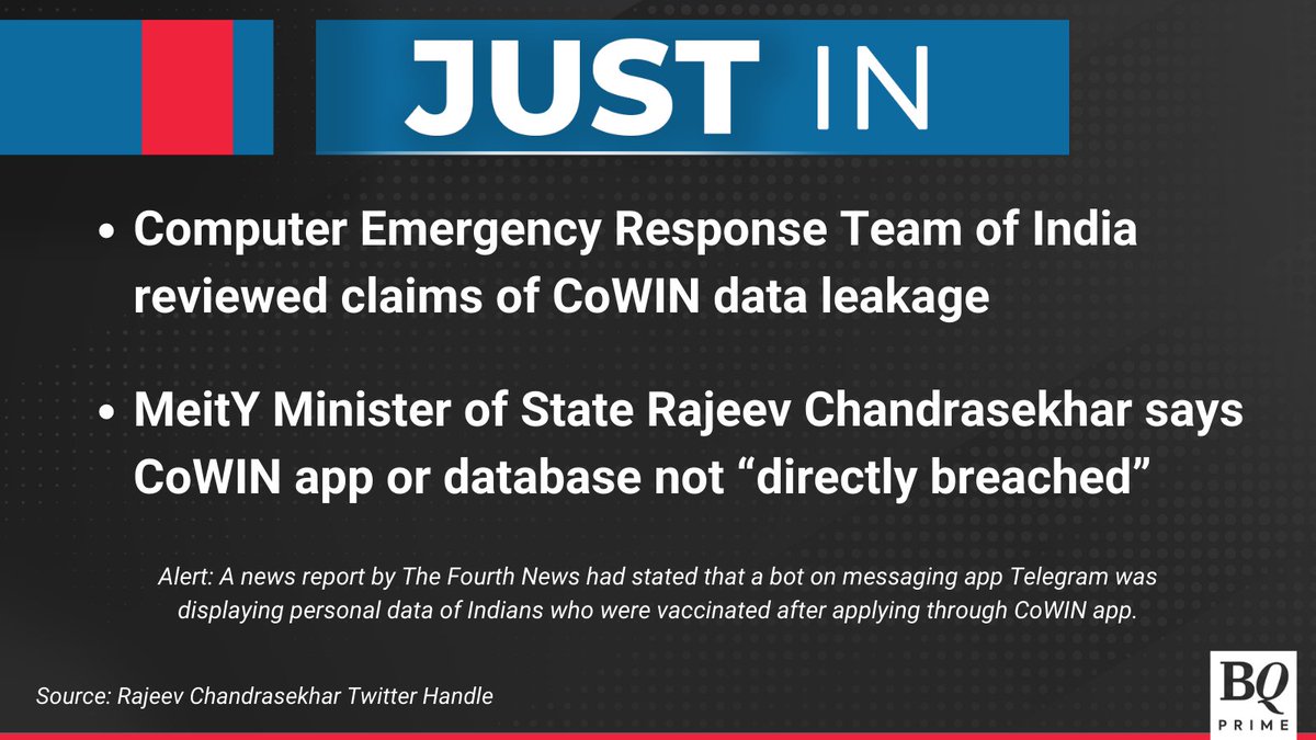 NDTVProfitIndia's tweet image. Government denies claims of #CoWinApp data being breached.

For the latest news and updates, visit: bqprime.com